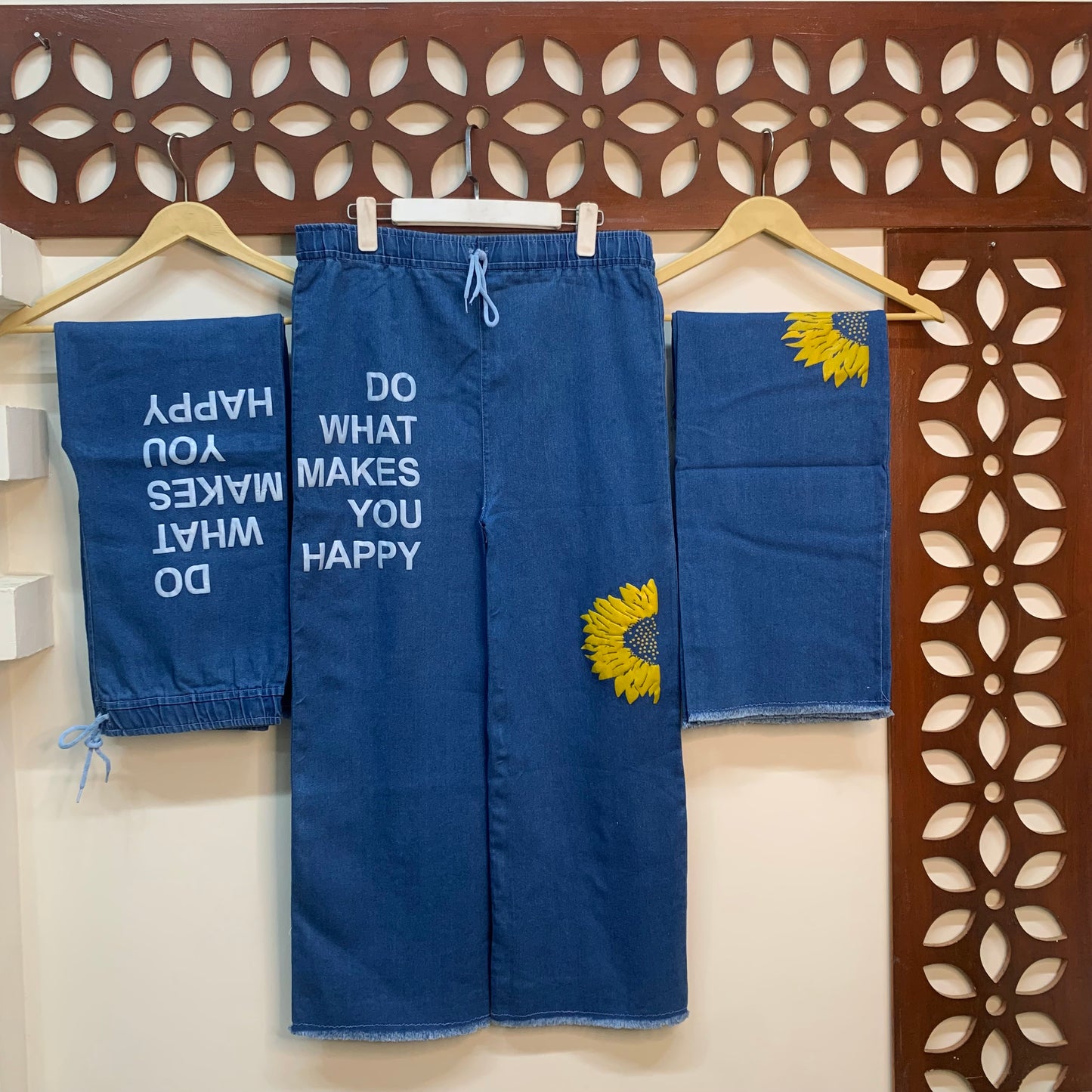 Sunflower Block Print Denim Trouser With Elastic waistband