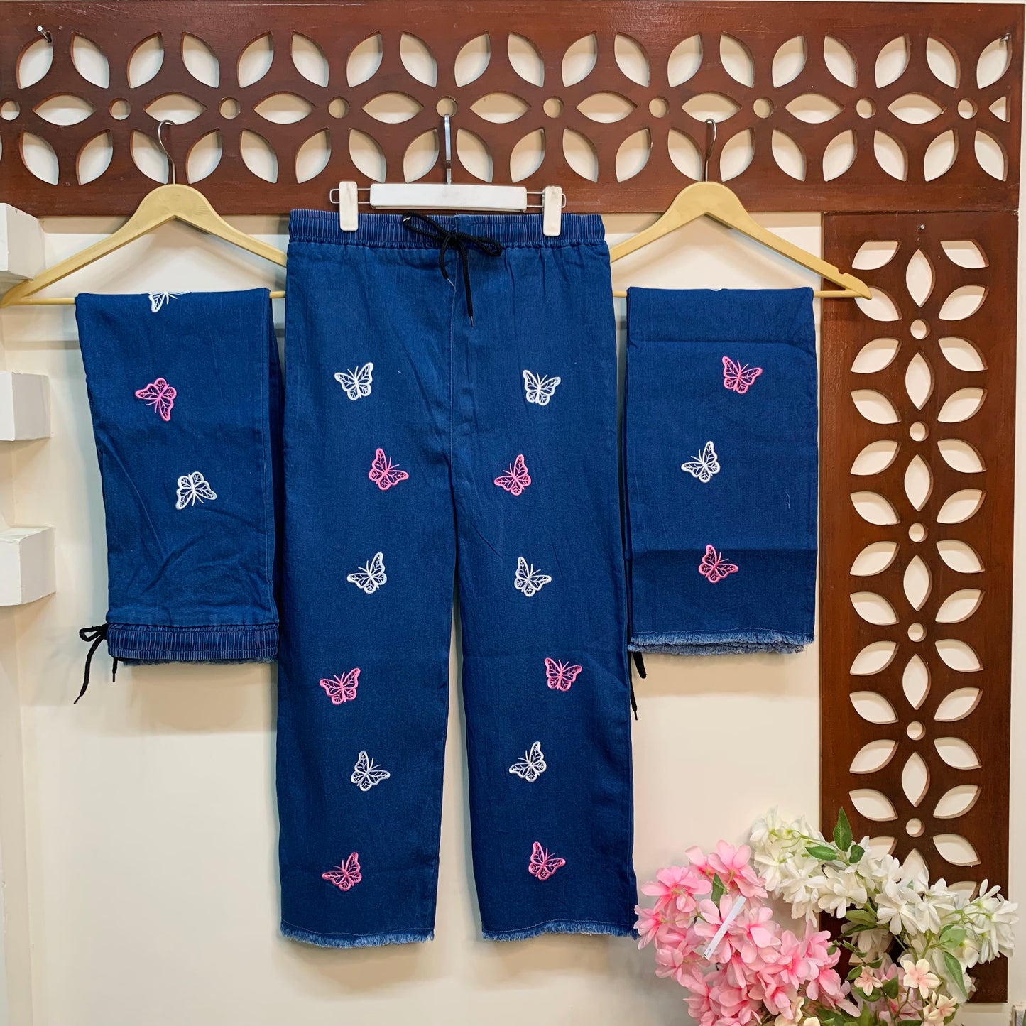 Embroidered Butterfly Denim Jeans Elastic Waistband Trouser