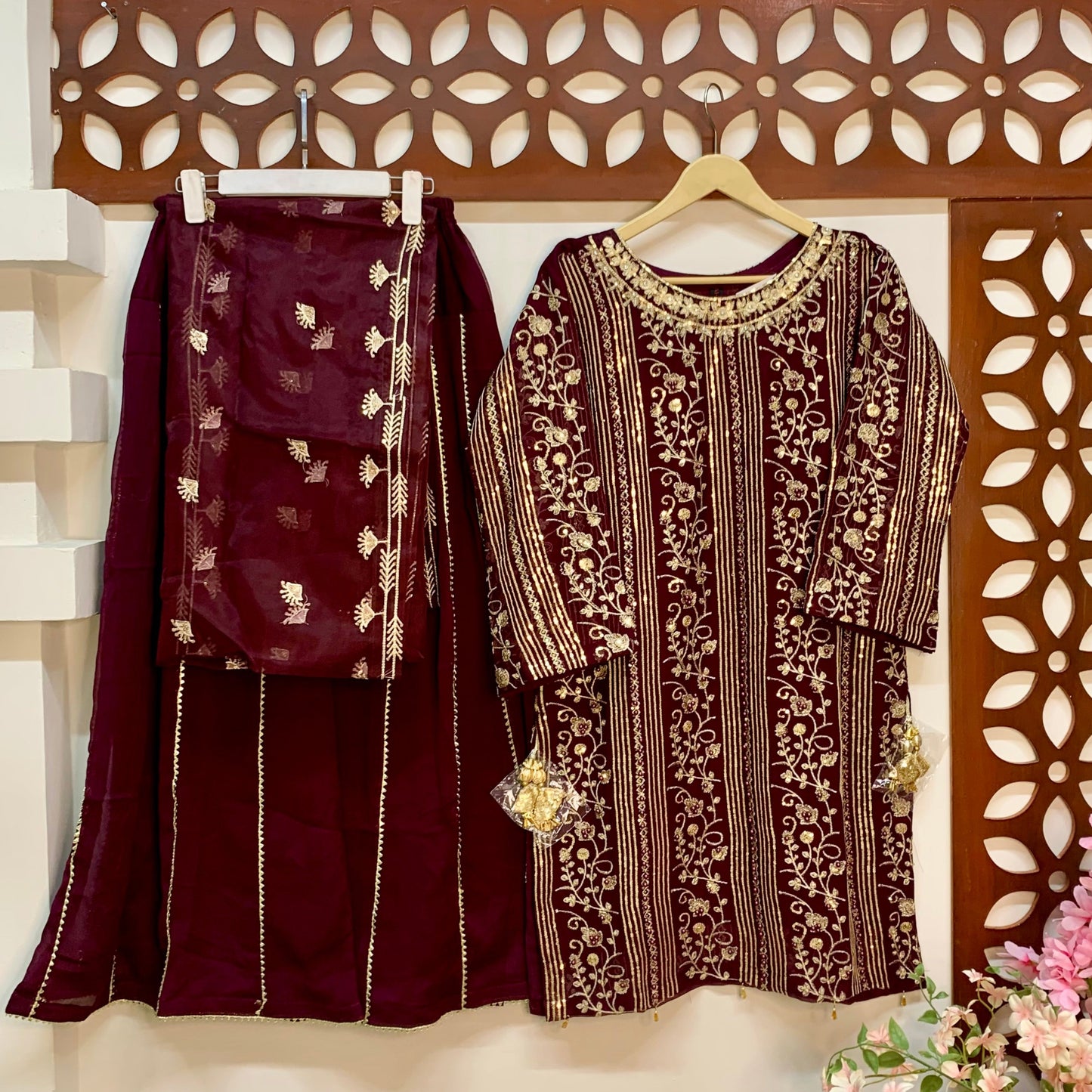 Majestic Threads – Chiffon 3-Piece with Intricate Embroidery & Artisan Neckline