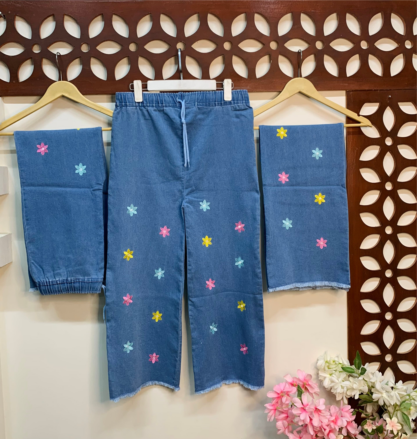 Multi Phoolkari Embroidered Denim Jeans Trouser