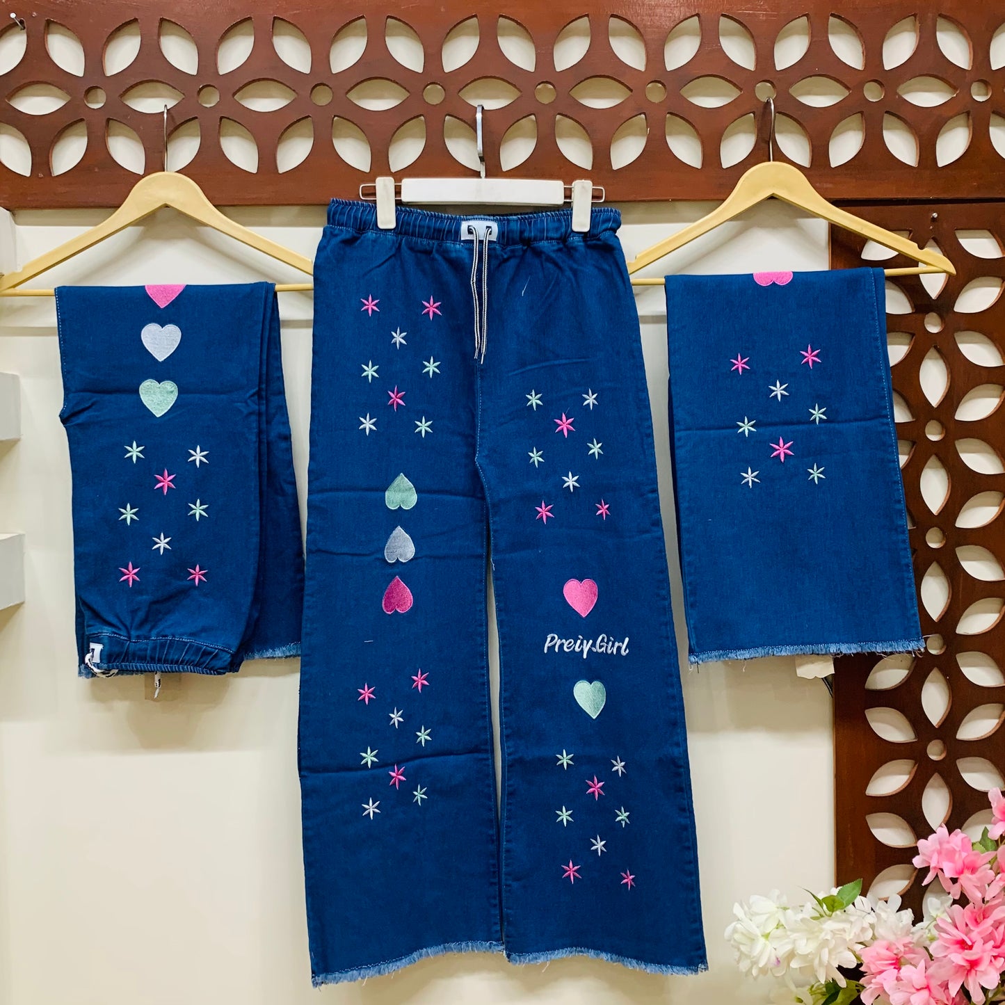 Prety Girl Embroidered Denim Jeans with Adjustable Dori Waistband