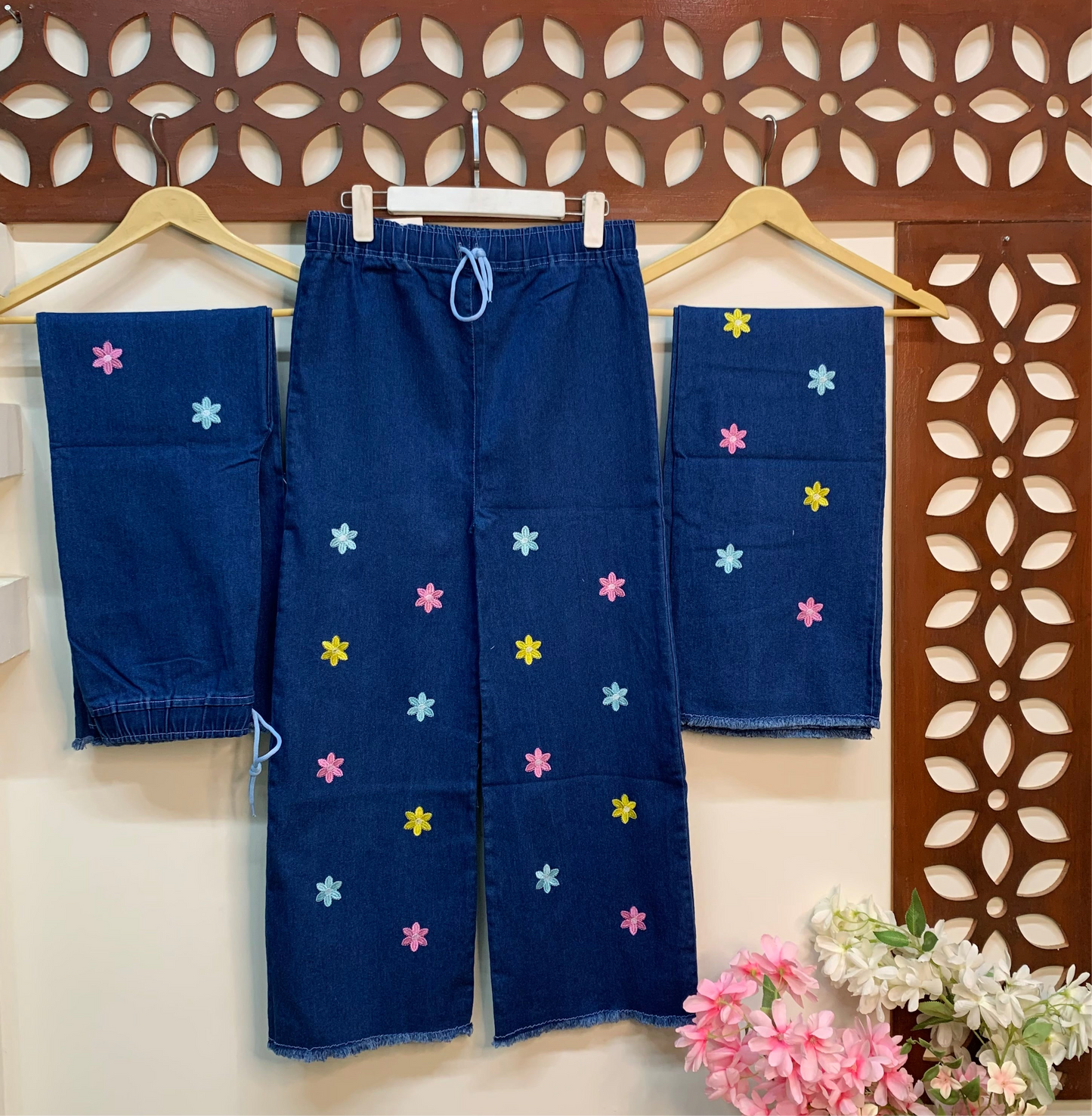 Multi Phoolkari Embroidered Denim Jeans Trouser