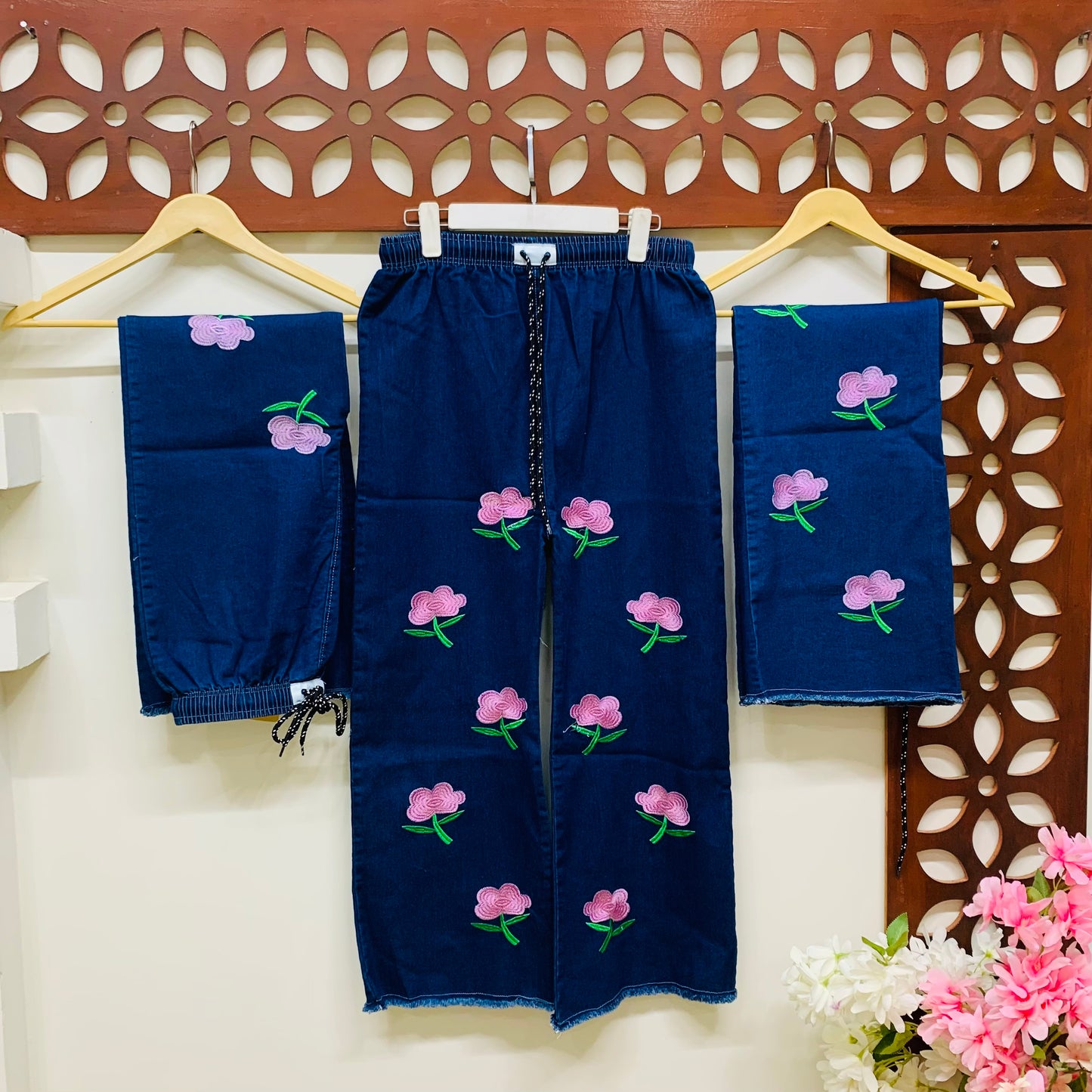 Rose Embroidered Denim Jeans Trouser