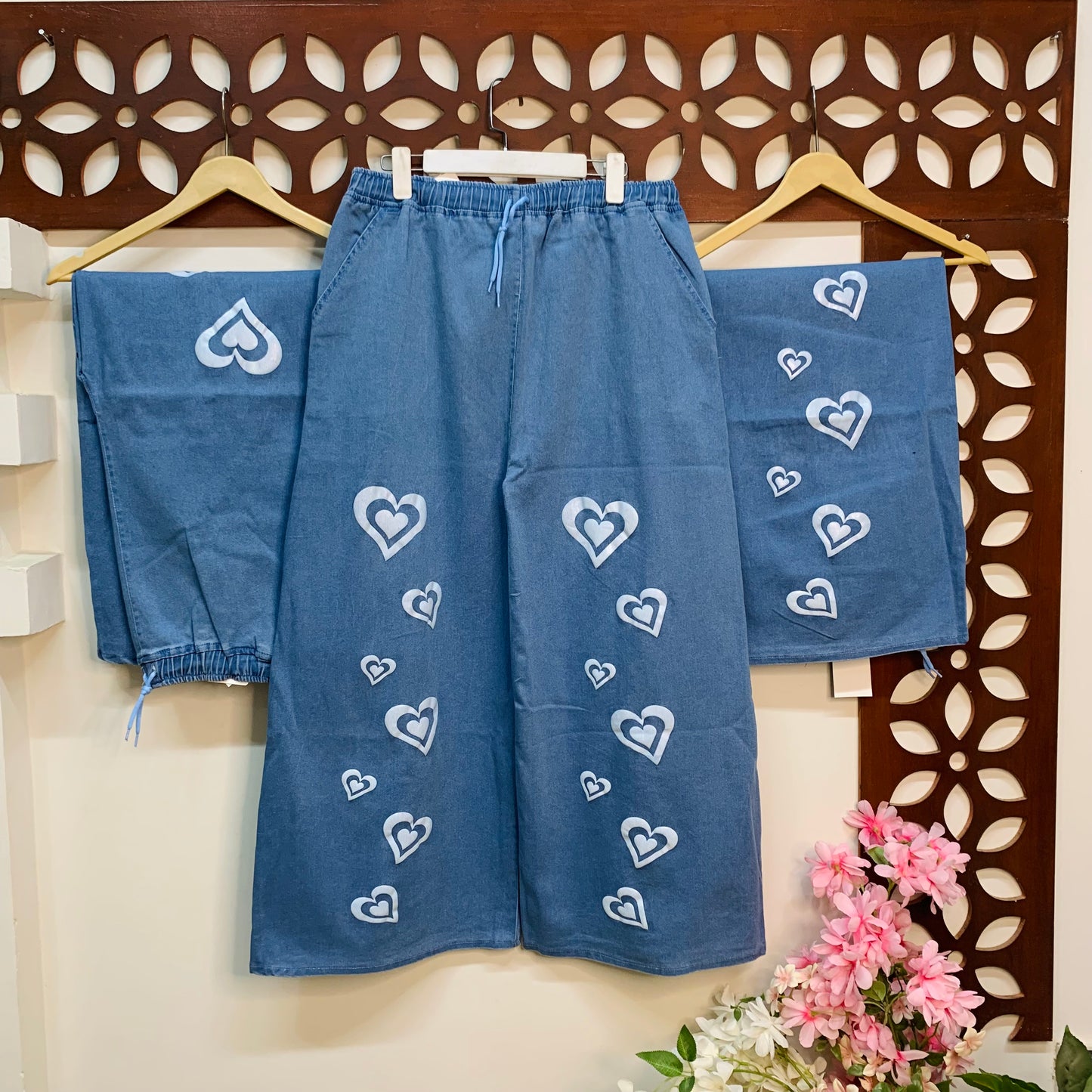 XL Denim Plazo Heart Print with side pockets.