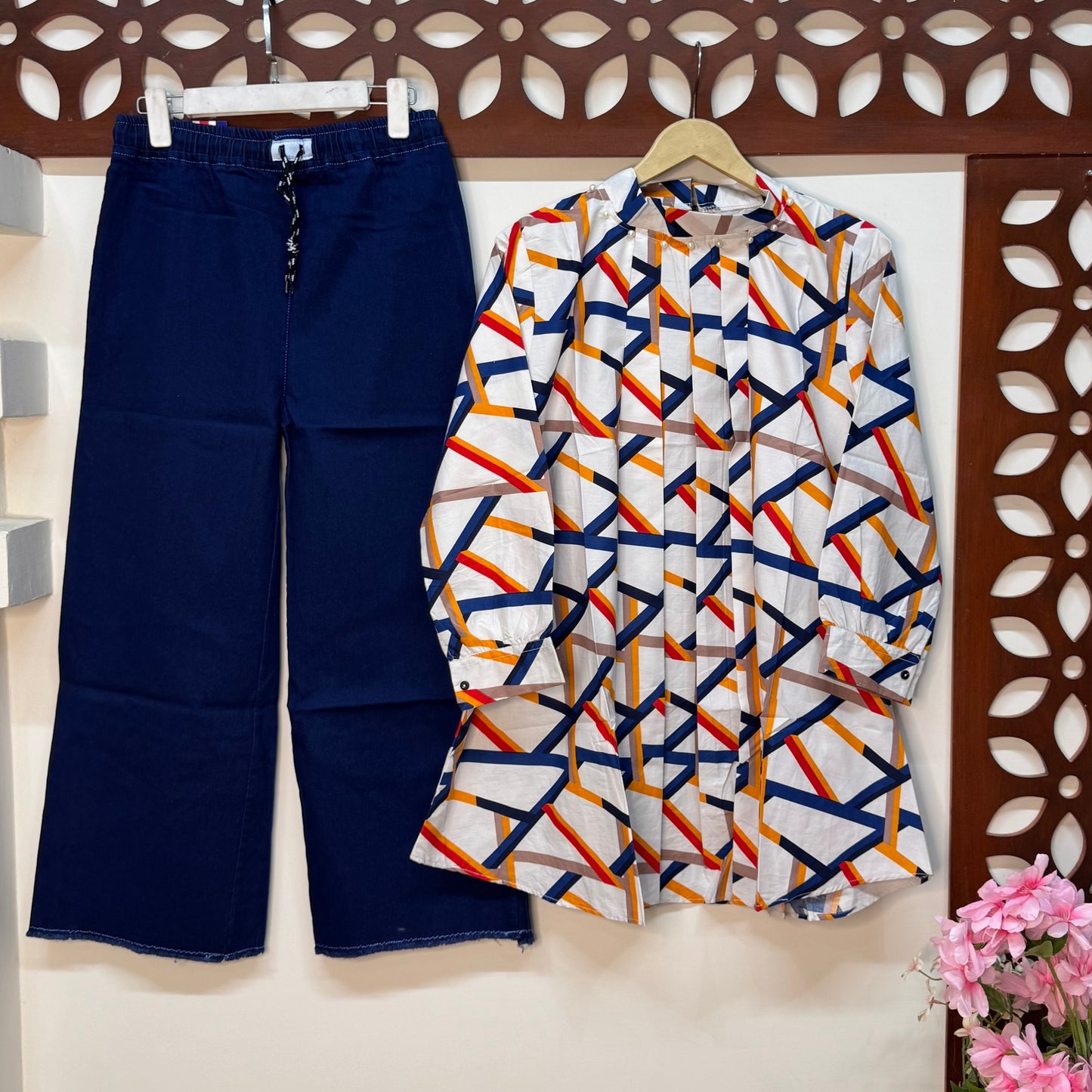 Elegant Two-Piece Printed Striped Top with Pearl Details