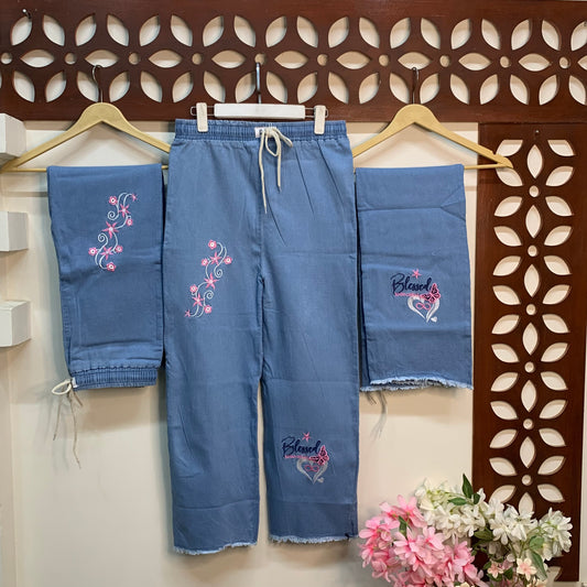 Flower & Heart Embroidered Denim Jeans Trouser