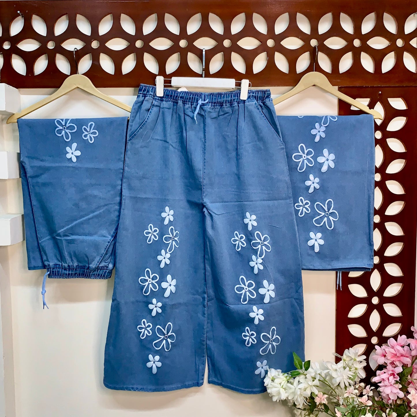 XL Denim Plazo Telenor Print with side pockets.