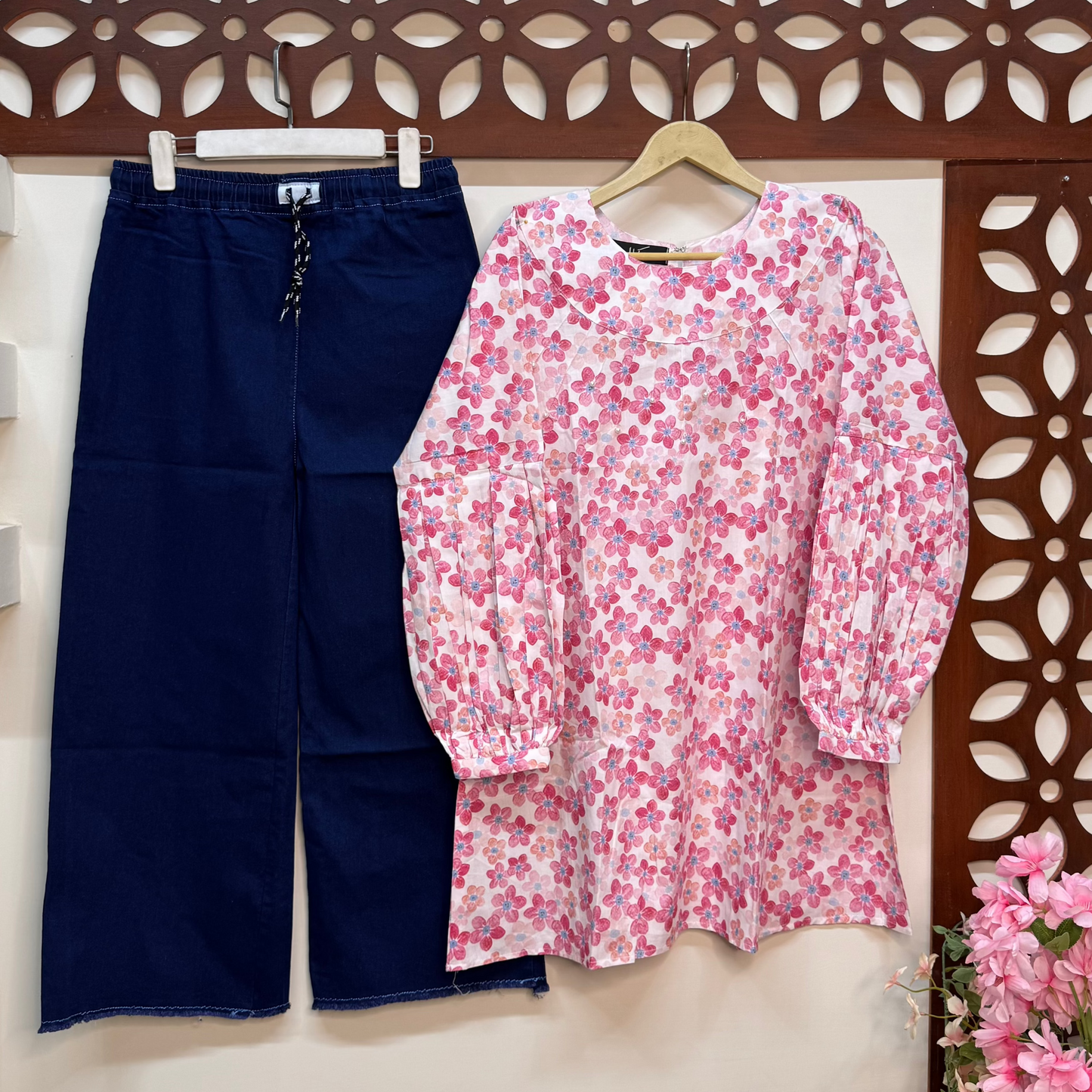 Rose Mist β Pink Top Paired with Classic Blue Trouser