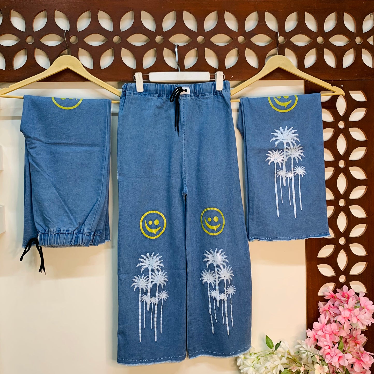 Emoji & Palm Tree Printed Denim Trouser