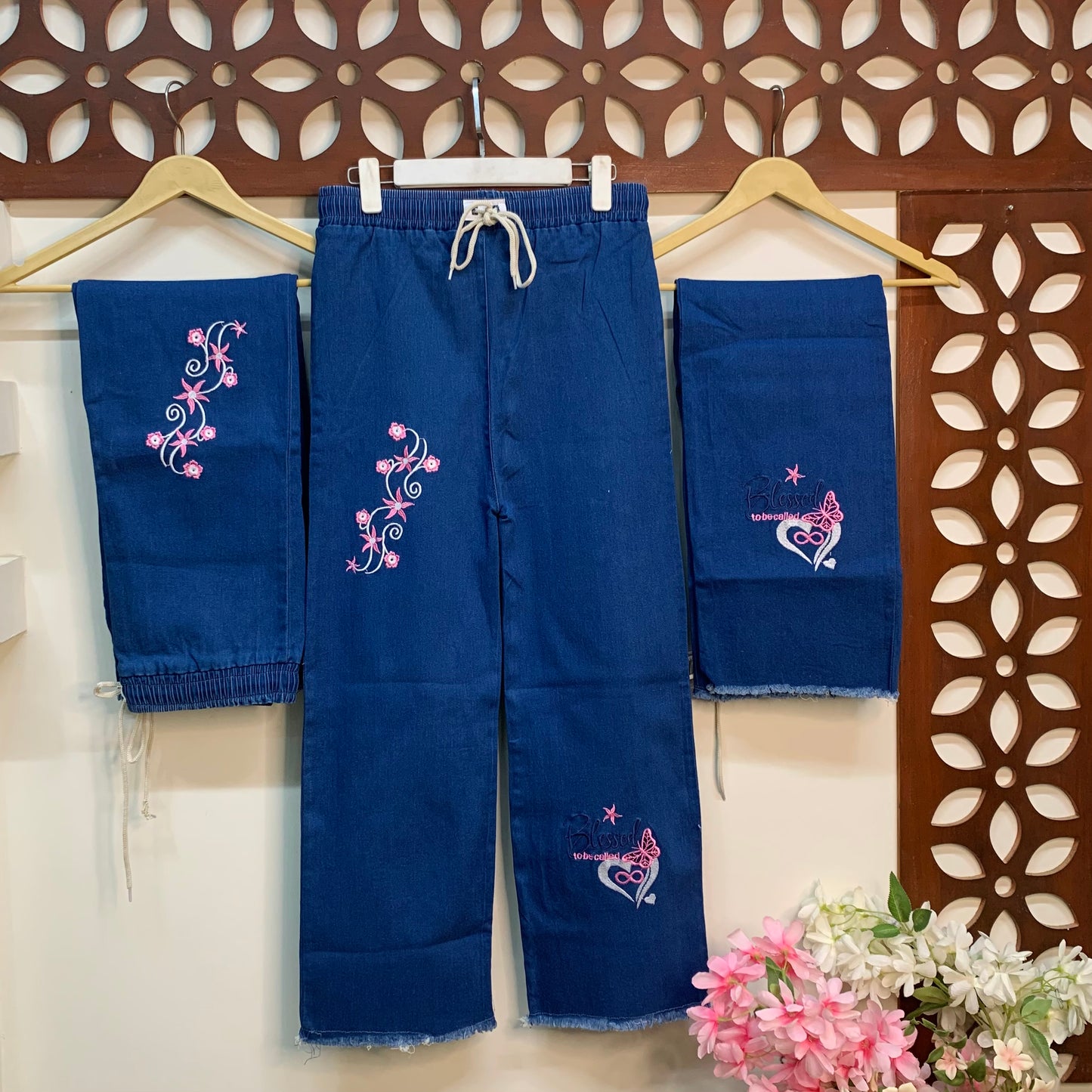 Flower & Heart Embroidered Denim Jeans Trouser