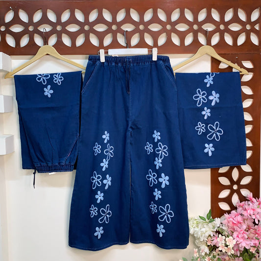 XL Denim Plazo Telenor Print with side pockets.