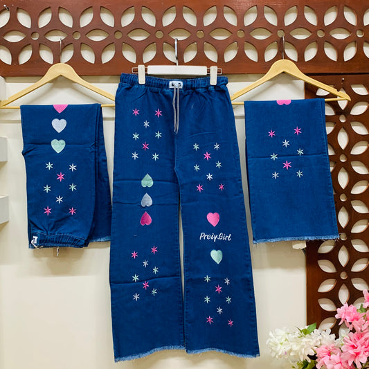 Prety Girl Embroidered Denim Jeans with Adjustable Dori Waistband
