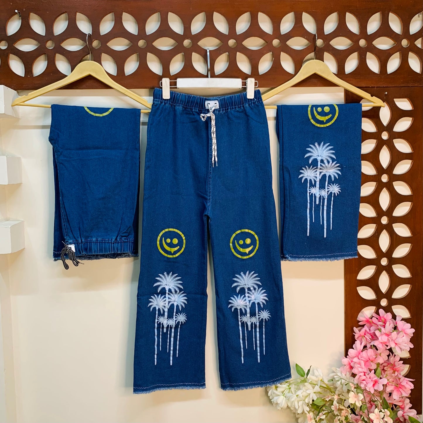 Emoji & Palm Tree Printed Denim Trouser