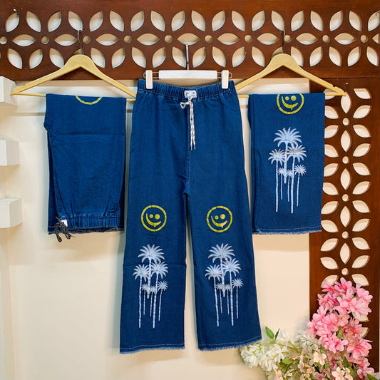 Emoji & Palm Tree Printed Denim Trouser