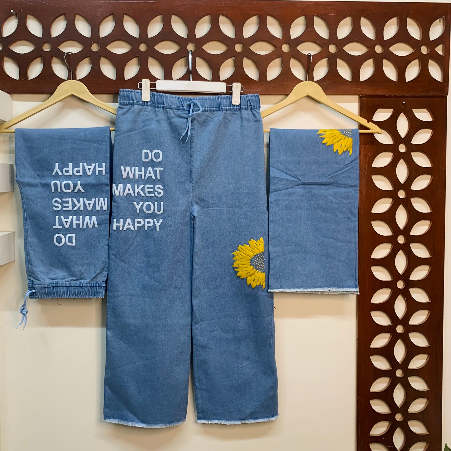 Sunflower Block Print Denim Trouser With Elastic waistband