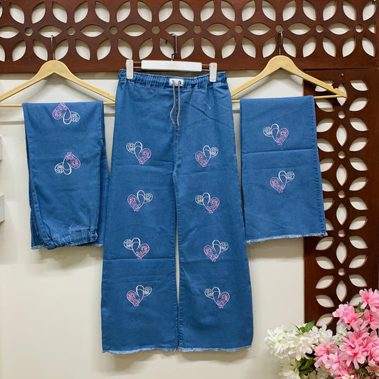 Embroidered Denim Jeans with Elastic Waistband
