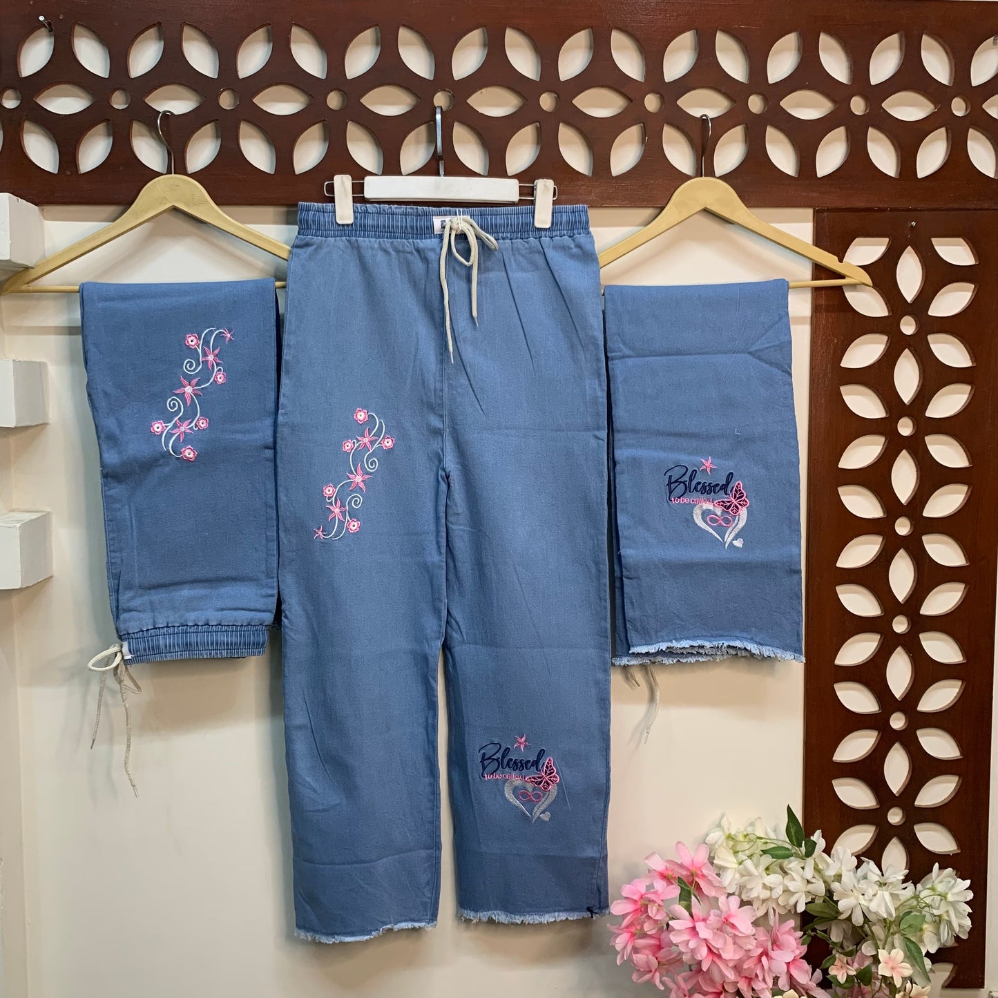 Flower & Heart Embroidered Denim Jeans Trouser