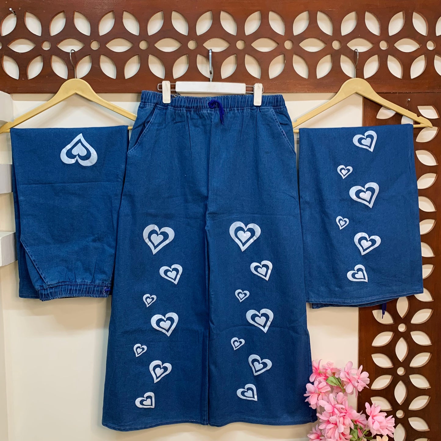 XL Denim Plazo Heart Print with side pockets.