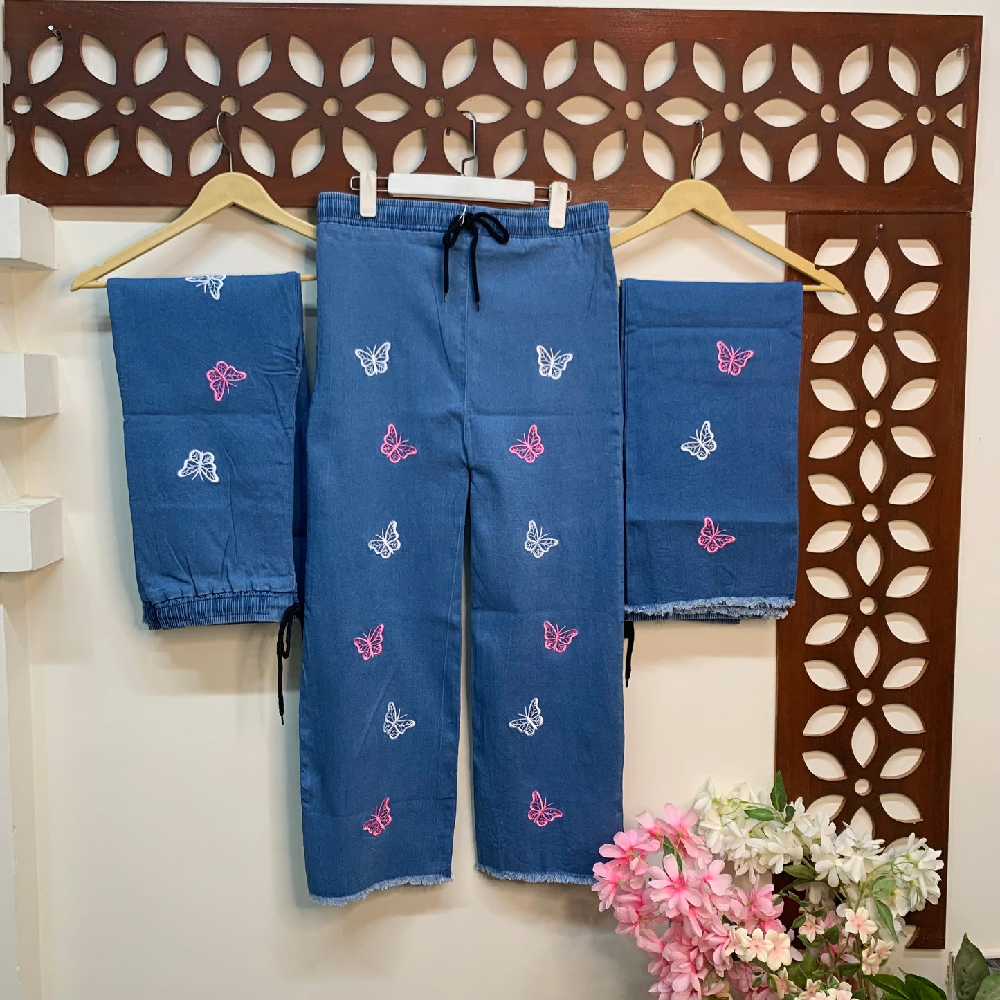 Embroidered Butterfly Denim Jeans Elastic Waistband Trouser