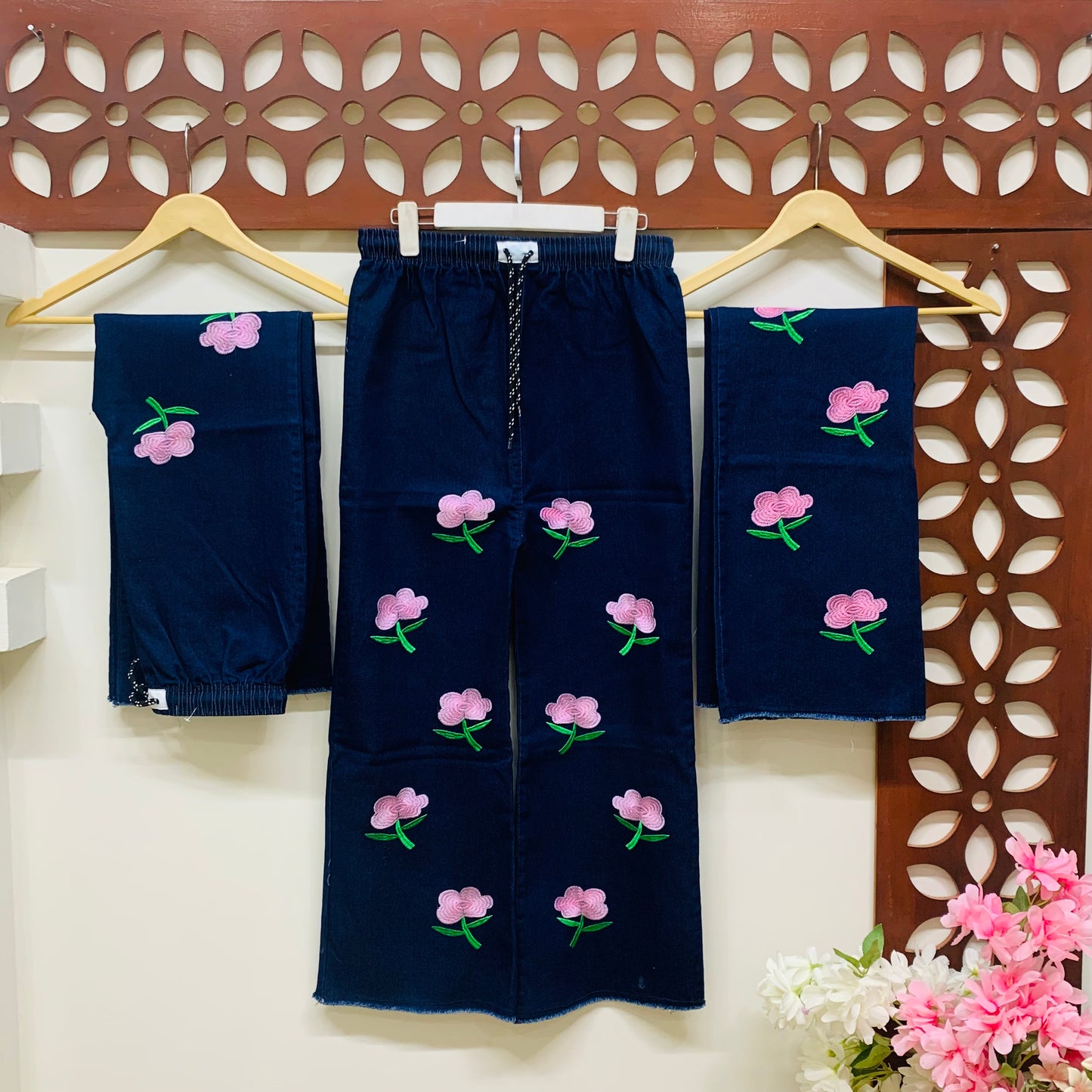 Rose Embroidered Denim Jeans Trouser