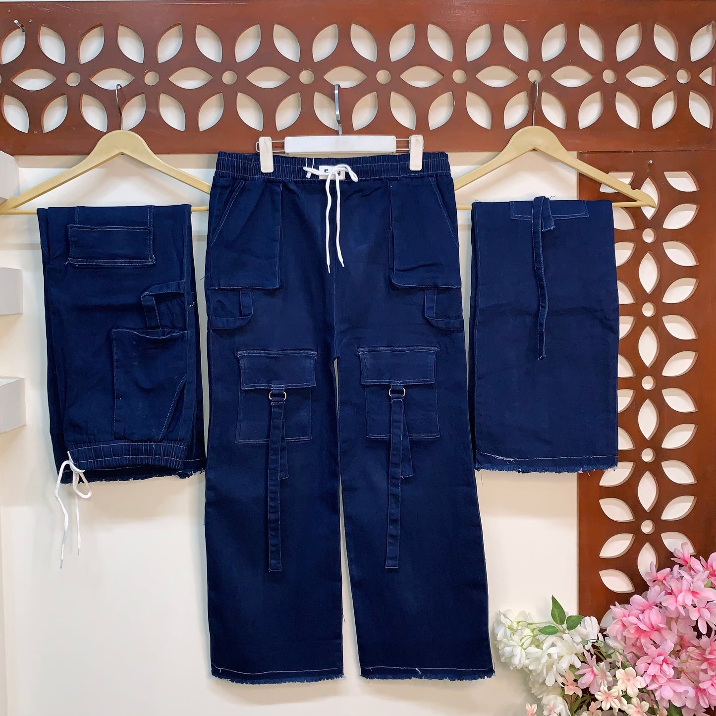 4-Pocket Denim Cargo Pants with Strap Detailing