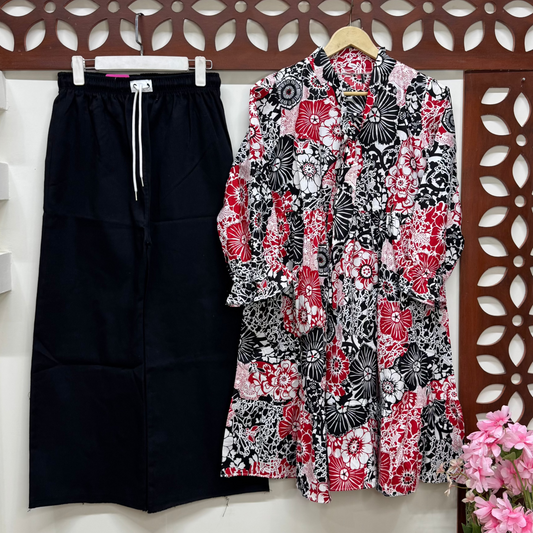 Black Grace-Printed Frock Style Top with Pent Trouser