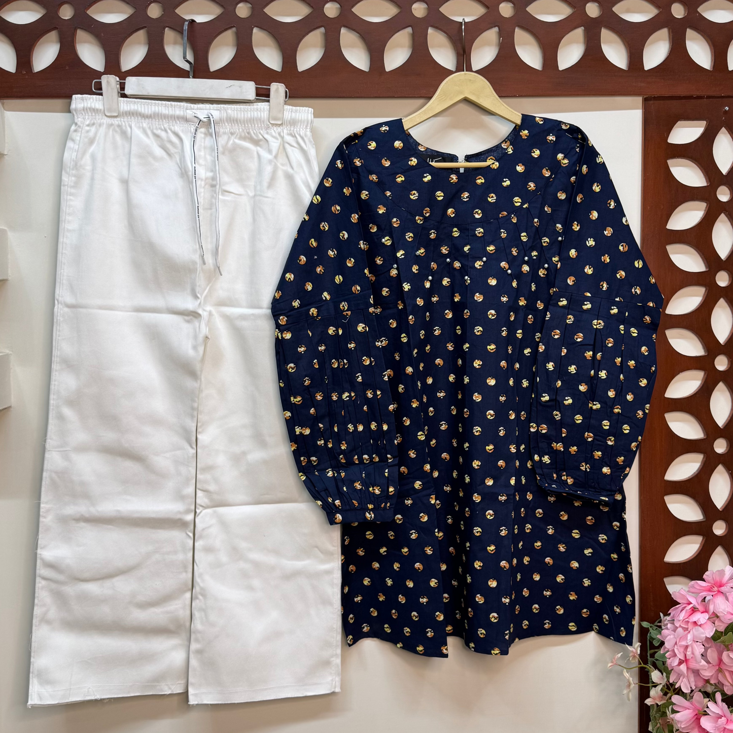 Midnight Pearl – Printed Dark Blue Top with White Pant